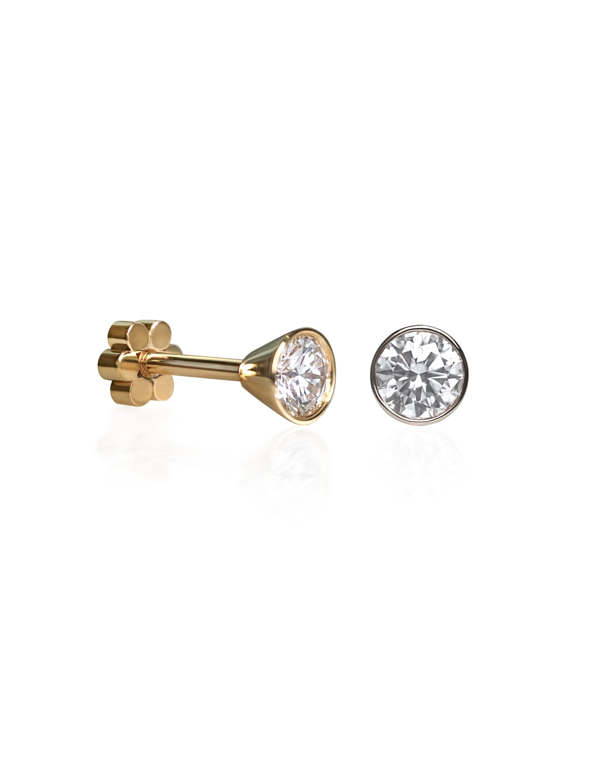 Real diamond stud earrings with screw backs made from 18k solid gold by Lena Cohen. Also suitable for helix and cartilage curated ear.