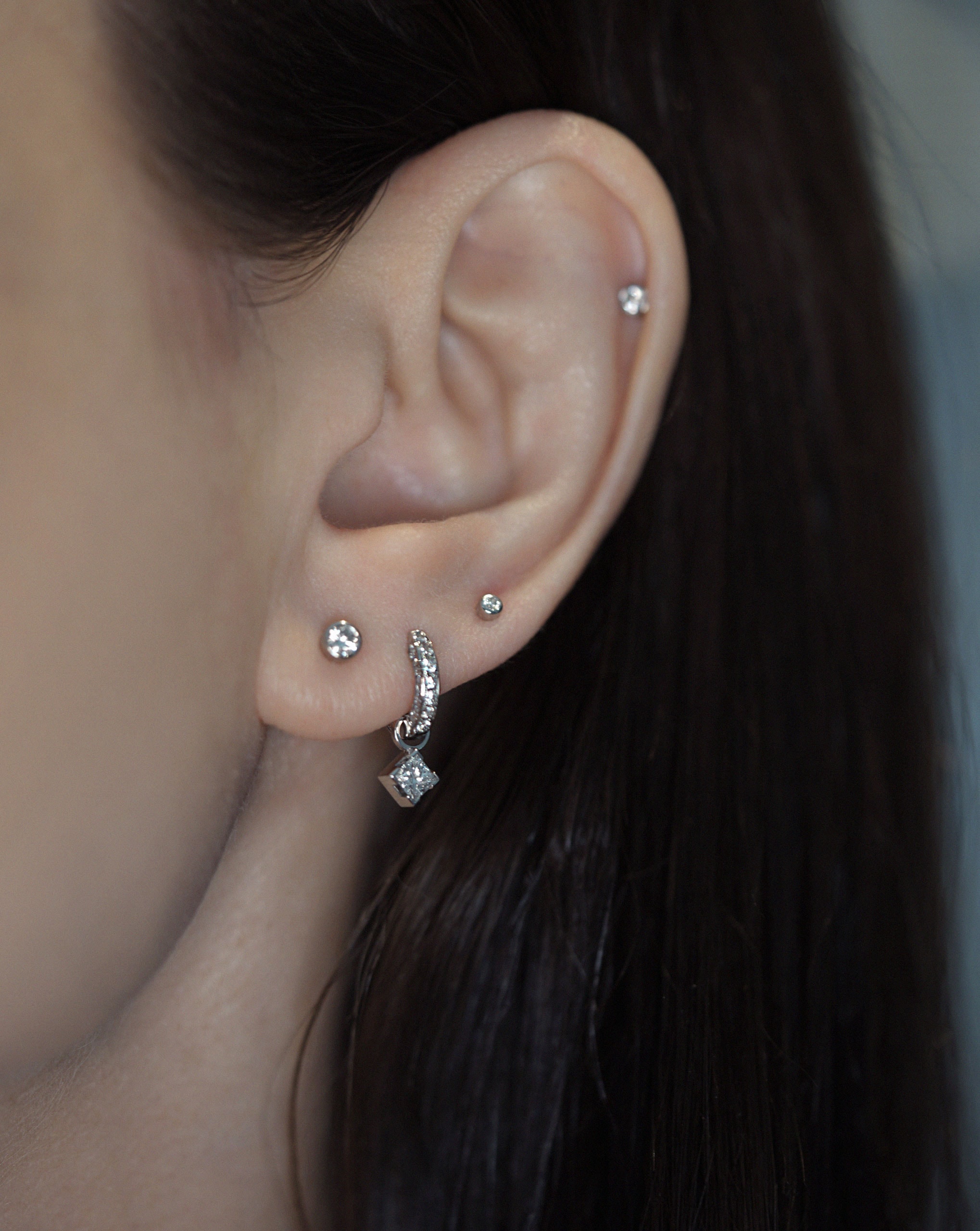 luxury piercing jewellery 18k white gold real three row diamonds huggie hoops lena cohen