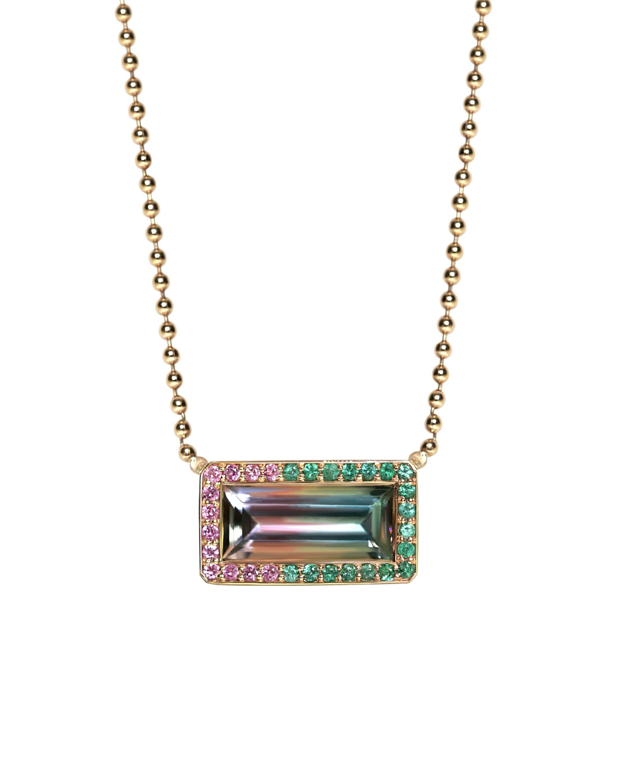 18k solid gold watermelon tourmaline pendant necklace with pink sapphires, emeralds and side-set white diamonds — handcrafted in London by Lena Cohen Jewellery