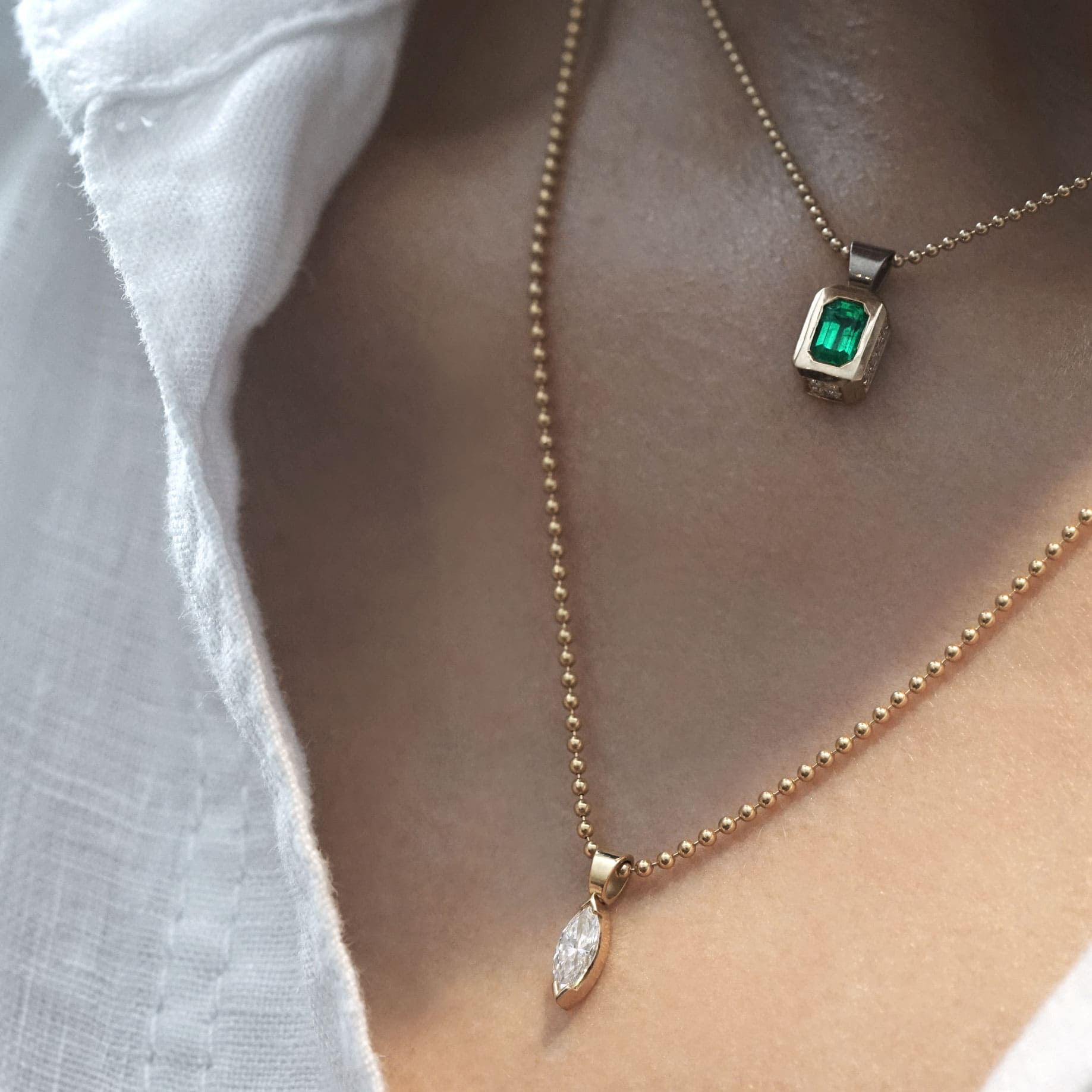 18k solid gold emerald and diamond necklaces handmade in London by Lena Cohen Jewellery