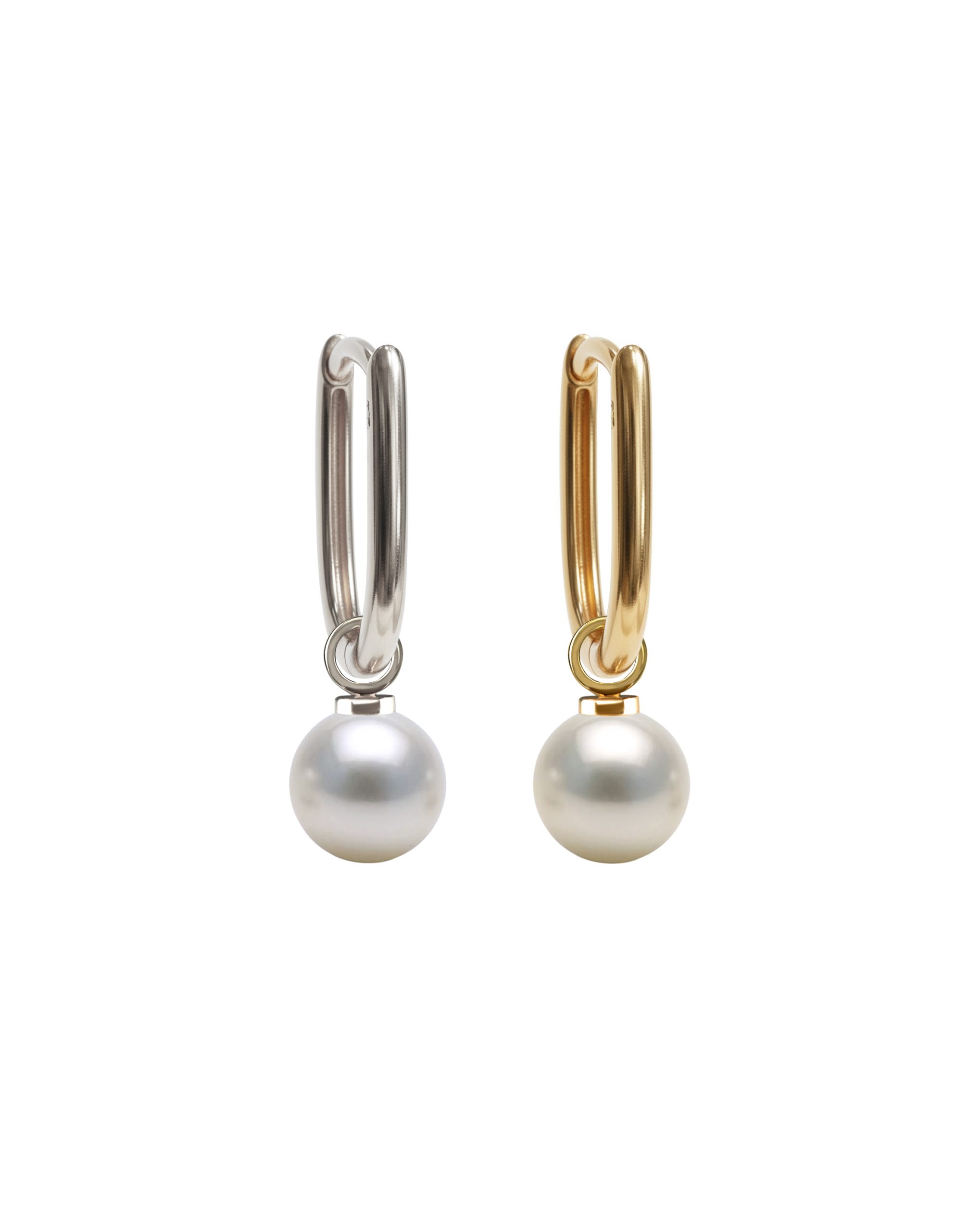 18k solid gold oval U-shape hoop earrings with natural round-shape pearl charms - set price. UK handcrafted. Lena Cohen jewellery.