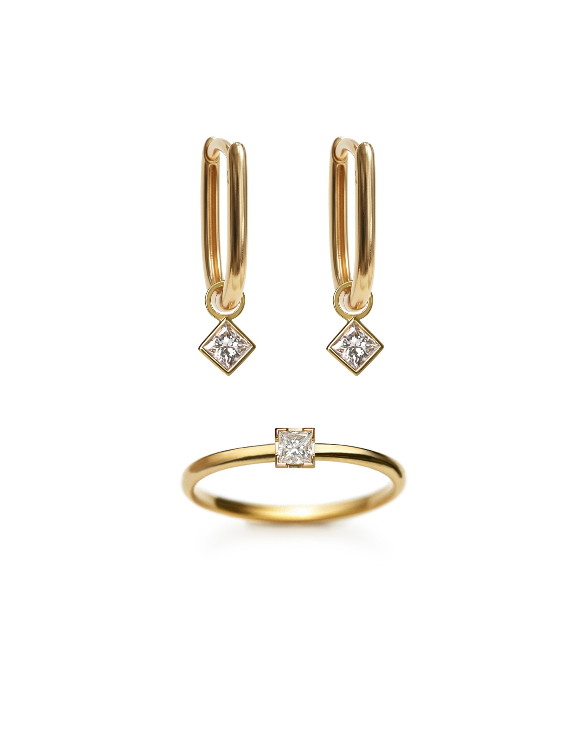 Square Diamond Essentials Set: 18k solid yellow gold oval hoop earrings with princess cut real diamond charms and princess cut real diamond ring. Lena Cohen Jewellery.